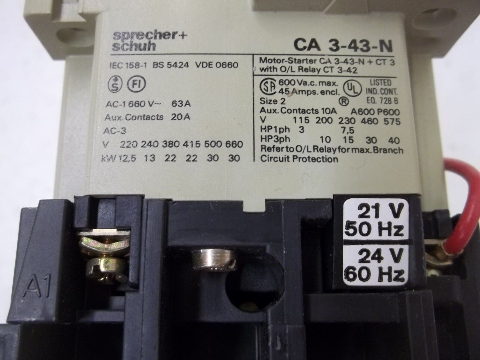 SPRECHER+SCHUH CA3-43-N-11 W/ CT3-42 CONTACTOR STARTER *USED*