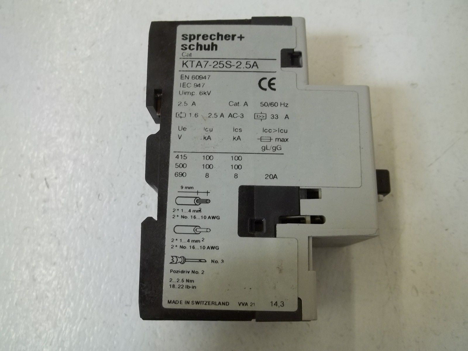 SPRECHER+SCHUH KTA7-25S-2.5A MANUAL MOTOR STARTER PROTECTOR *USED*