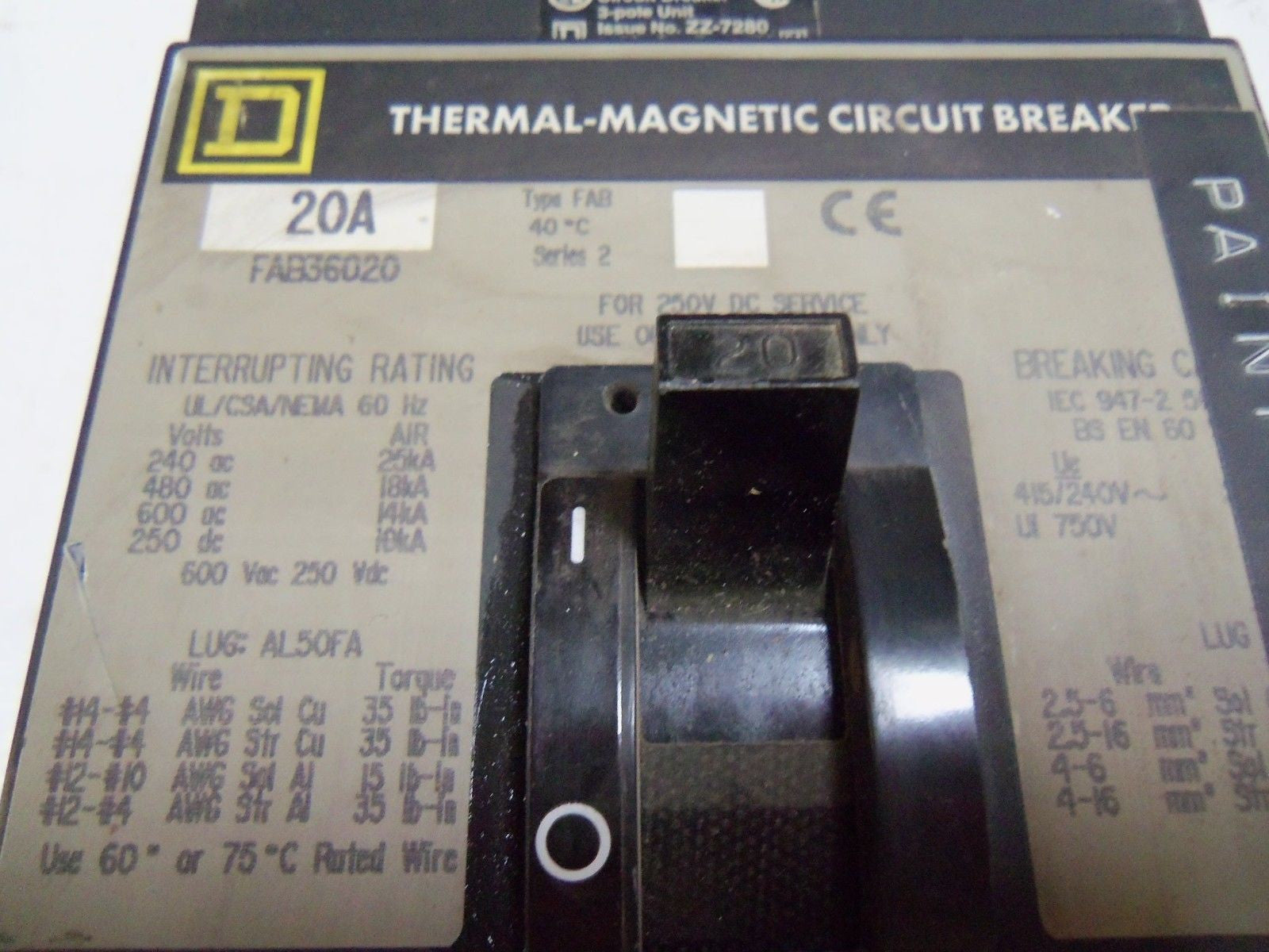 SQUARE-D FAB36020 CIRCUIT BREAKER *USED*