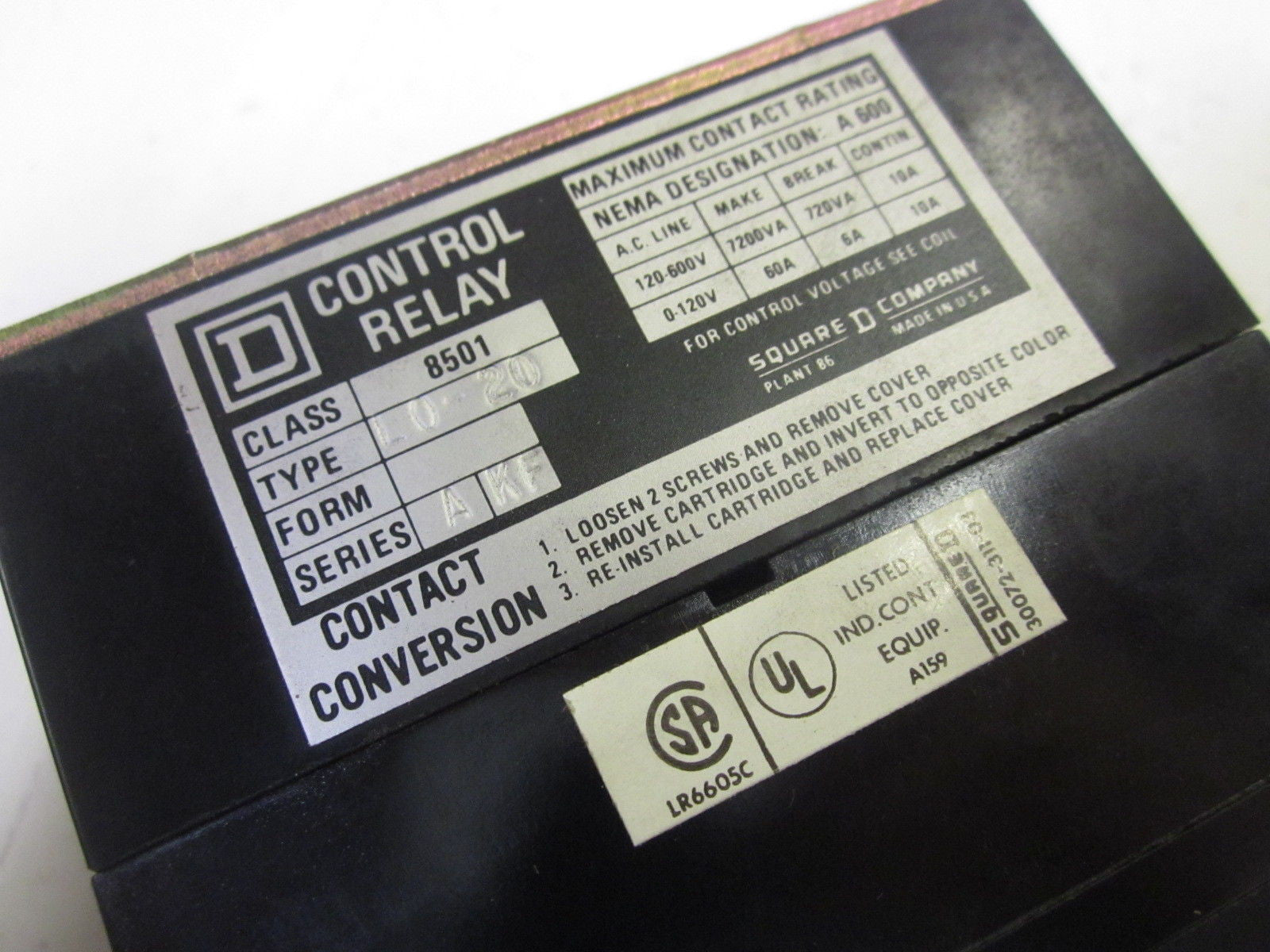 SQUARE D 8501-LO-20 CONTROL RELAY 120V *NEW NO BOX*