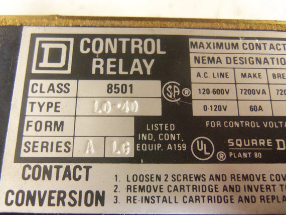 SQUARE D 8501-L0-40 CONTROL RELAY 120V * USED *