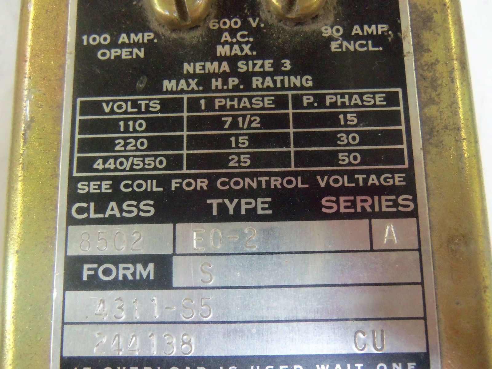 SQUARE D NEMA SIZE 3 8502-E0-2 PNEUMATIC RELAY 100A 600V *USED*
