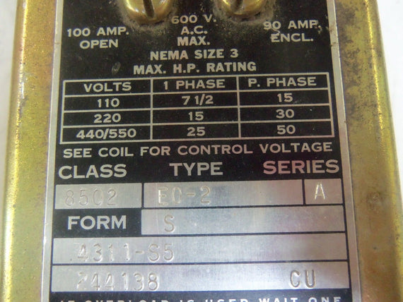 SQUARE D NEMA SIZE 3 8502-E0-2 PNEUMATIC RELAY 100A 600V *USED*