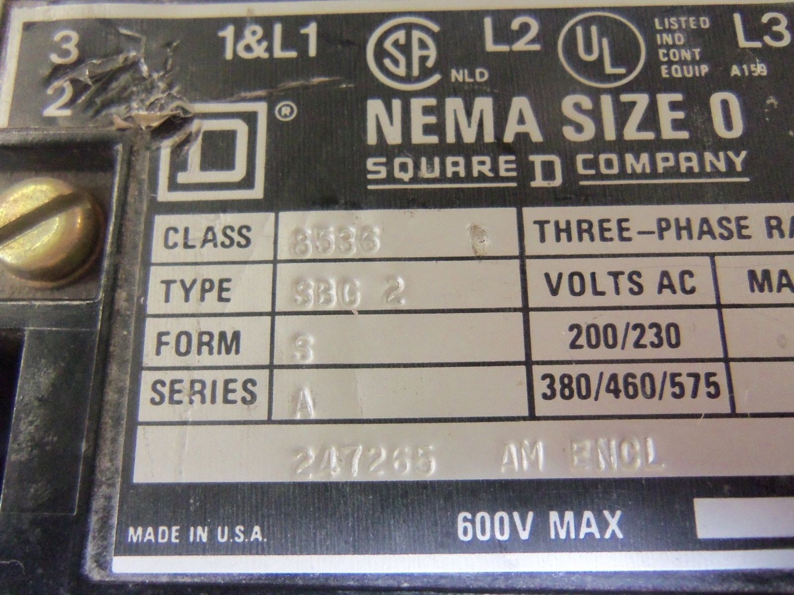 SQUARE D 8536-SBG2S MAGNETIC MOTOR STARTER *USED*