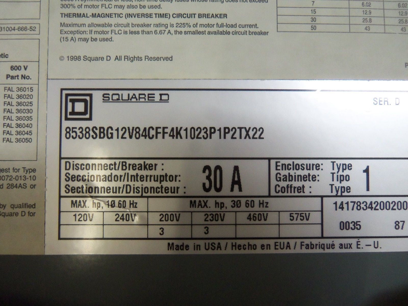 SQUARE D 8538SBG12V84CFF4K1023P1P2TX22 COMBINATION MOTOR STARTER *NEW IN BOX*