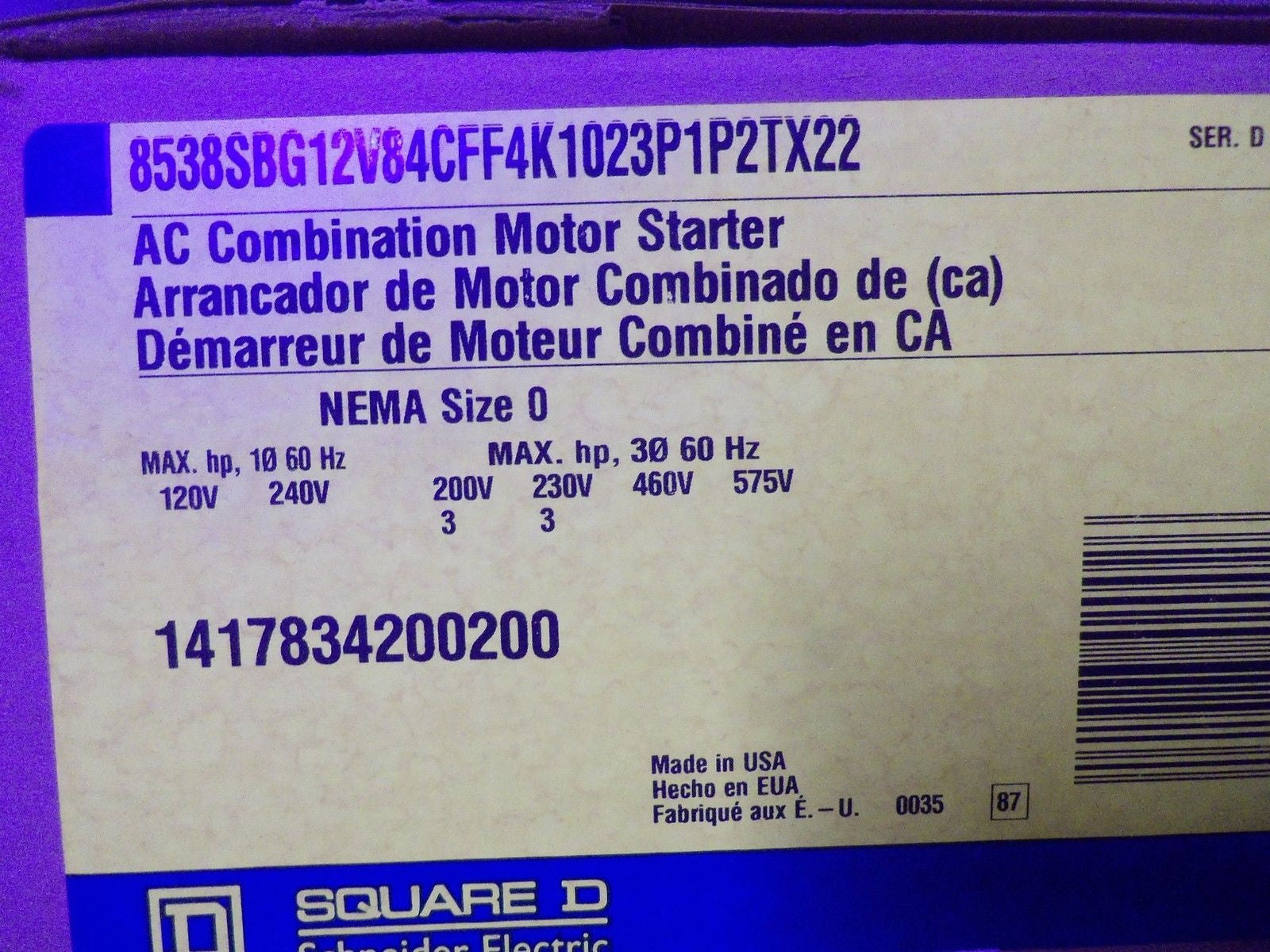 SQUARE D 8538SBG12V84CFF4K1023P1P2TX22 COMBINATION MOTOR STARTER *NEW IN BOX*