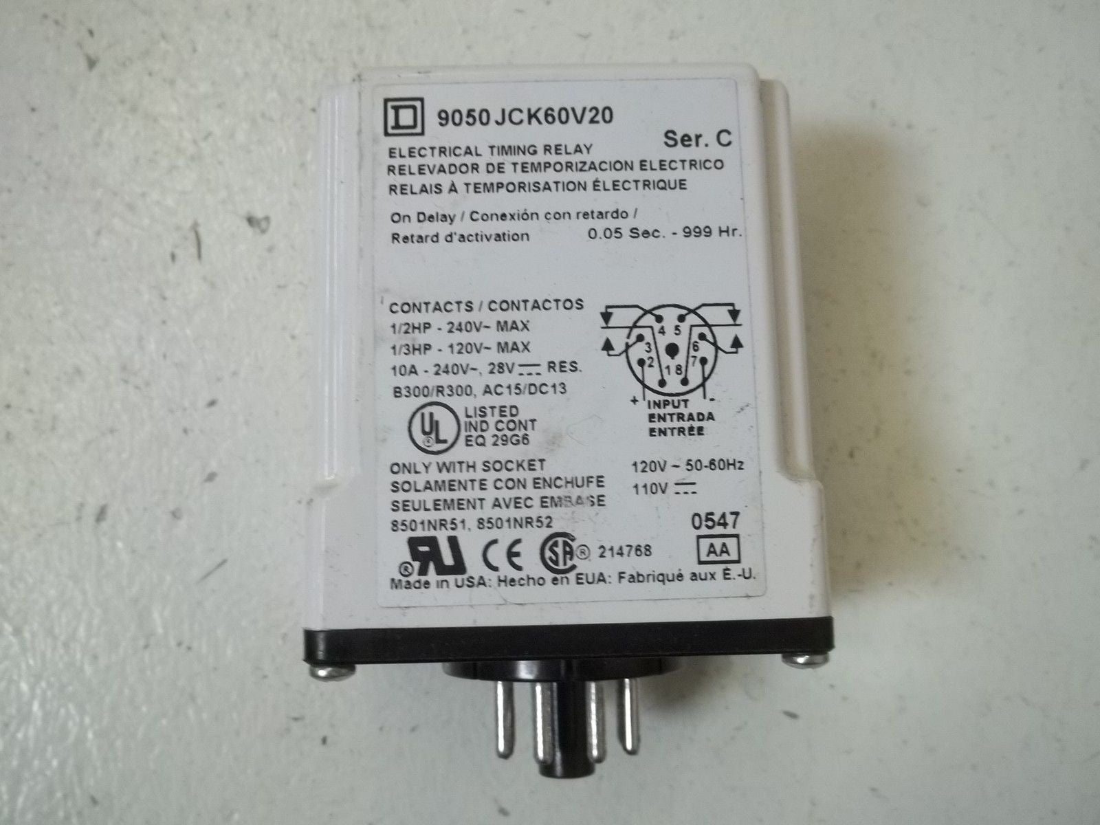 SQUARE D 9050-JCK60V20 SER.C ELECTRICAL TIMING RELAY *USED*