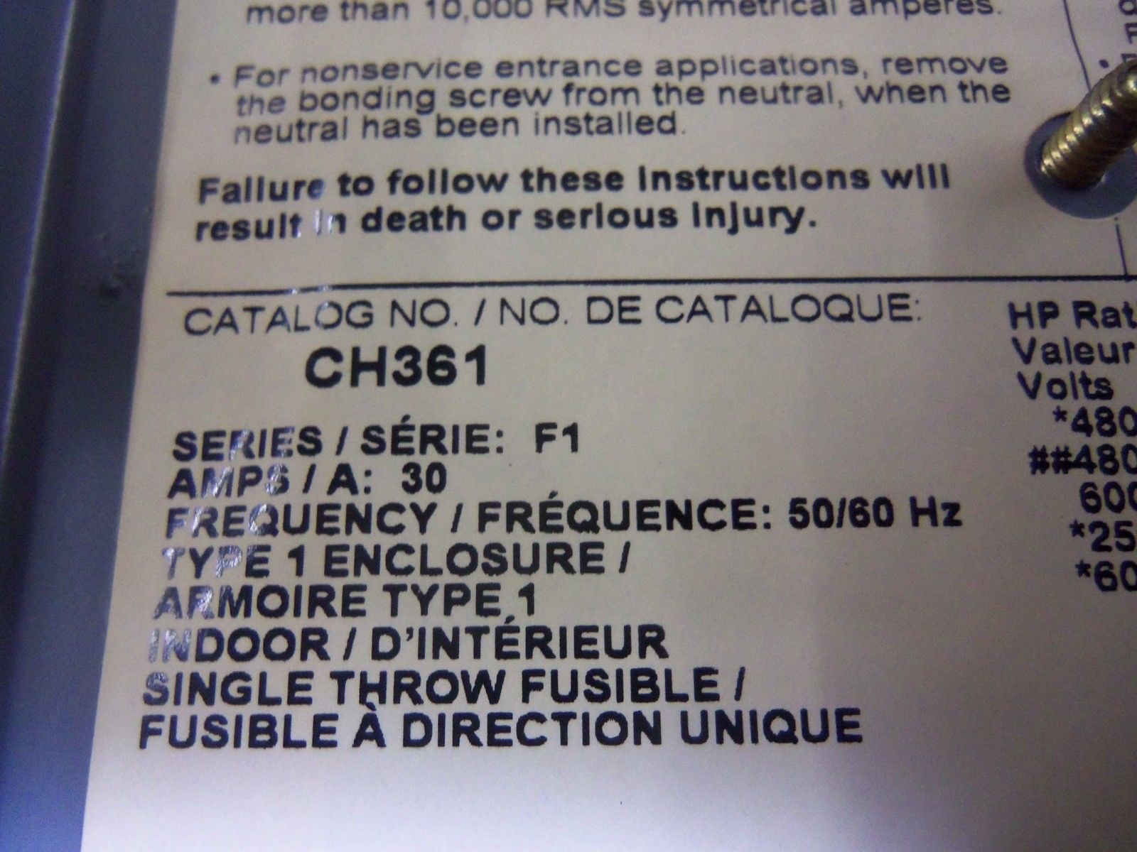 SQUARE D CH361 SER. F1 *USED*