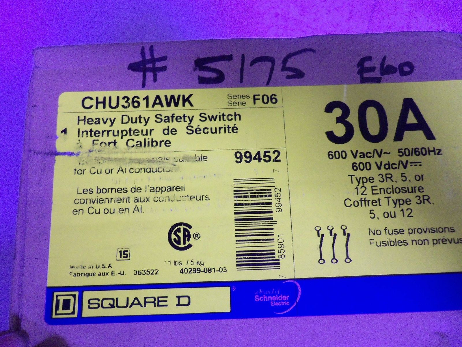 SQUARE D CHU361AWK SAFETY SWITCH *SEALED*