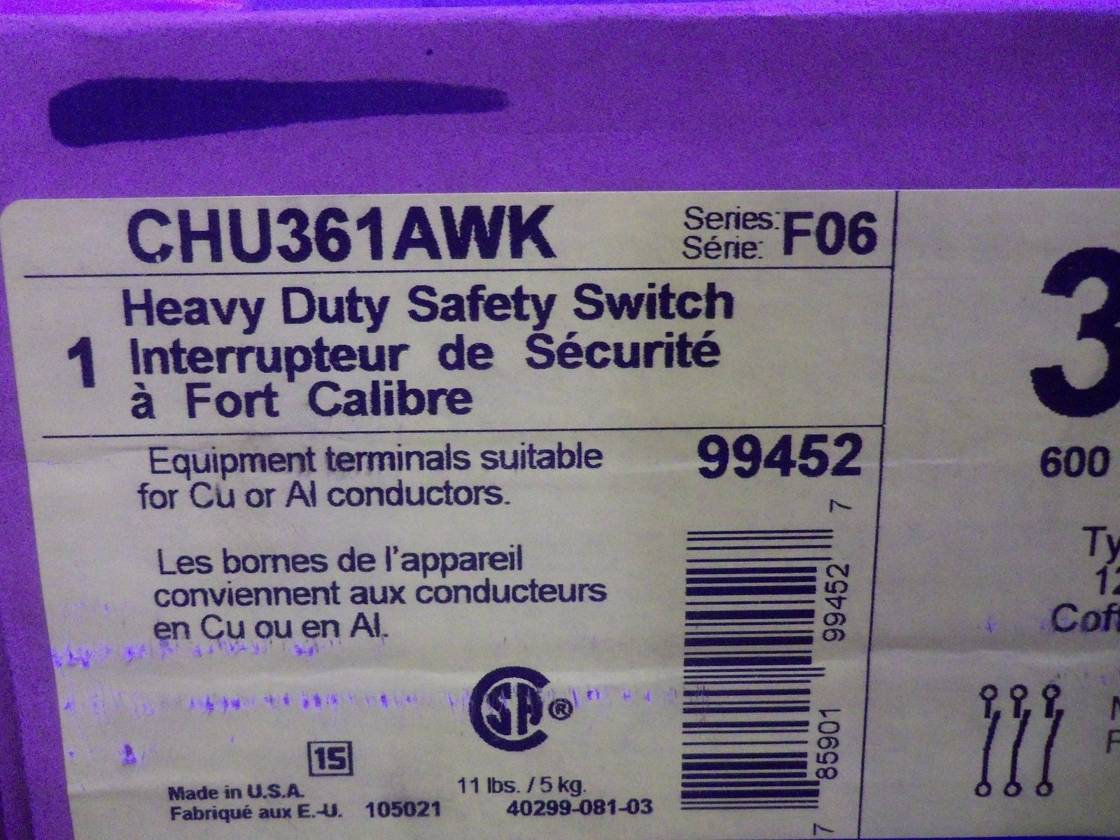 SQUARE D CHU361AWK SAFETY SWITCH *NEW IN BOX*