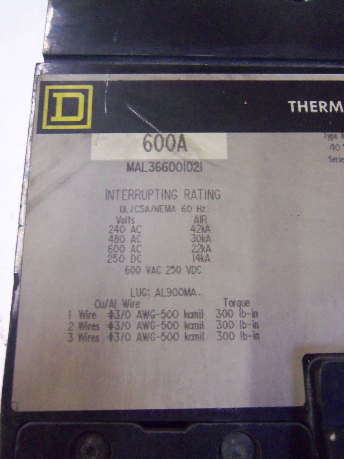 SQUARE D CIRCUIT BREAKER MAL366001021 *USED*