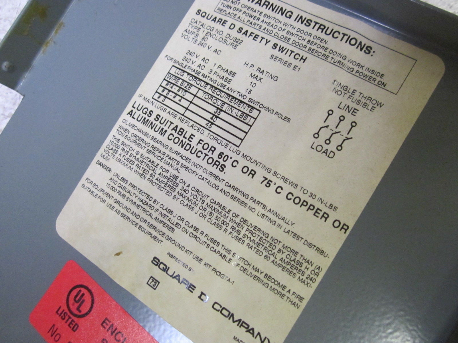 SQUARE D DU322 60A 240V SAFETY SWITCH *USED*