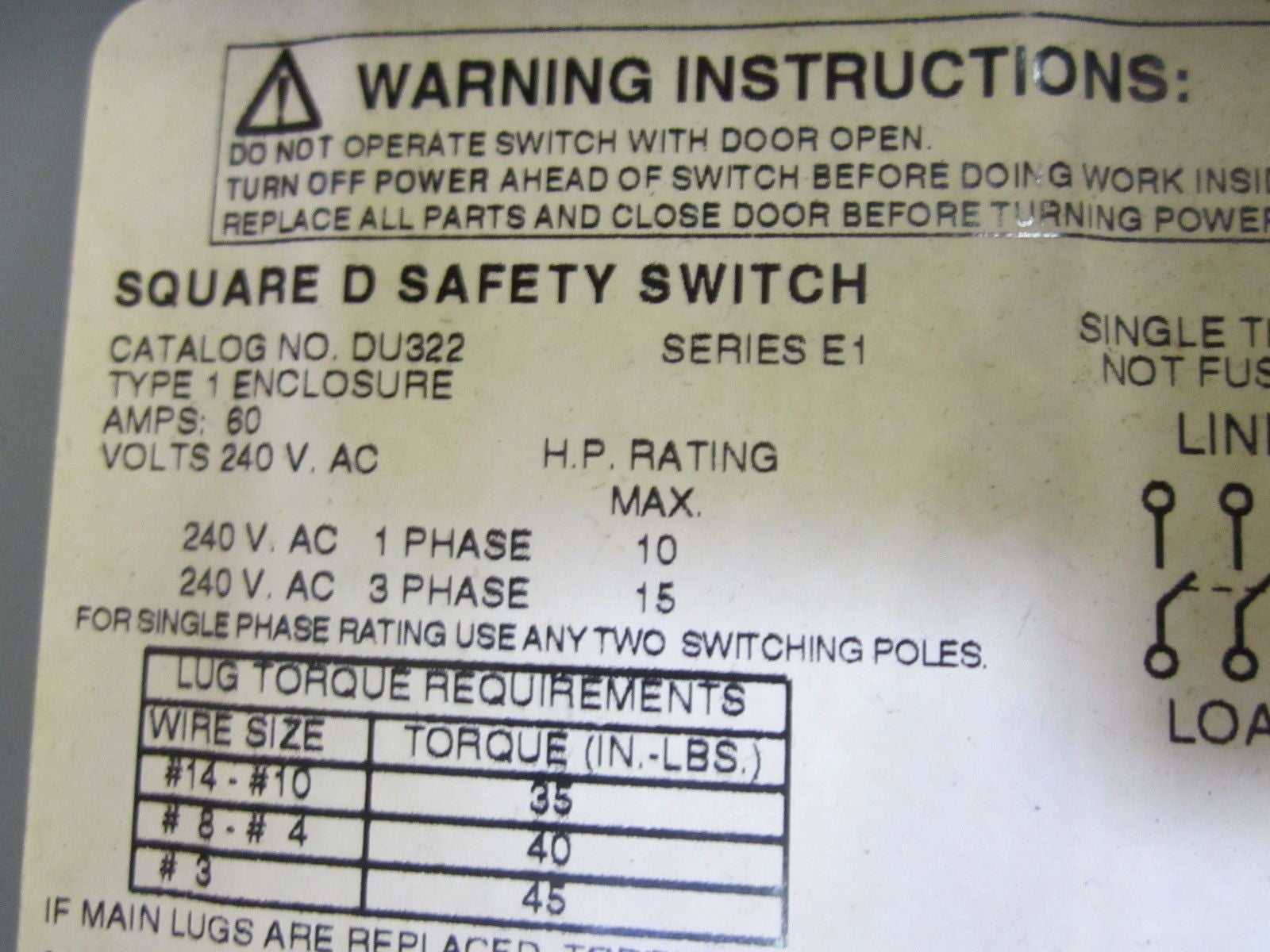 SQUARE D DU322 60A 240V SAFETY SWITCH *USED*