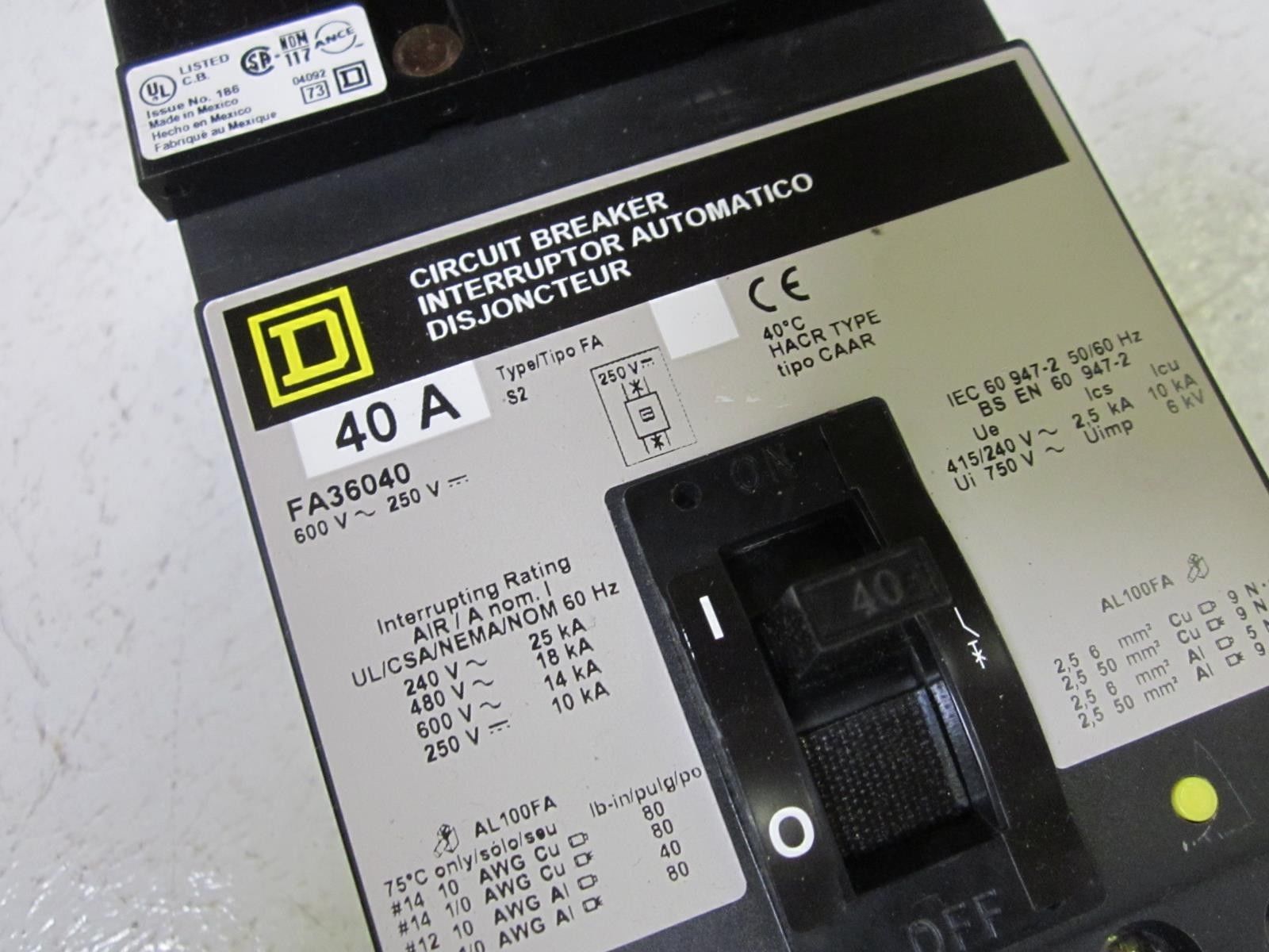 SQUARE D FA36040 CIRCUIT BREAKER 40A 3P 600V  *NEW IN BOX*