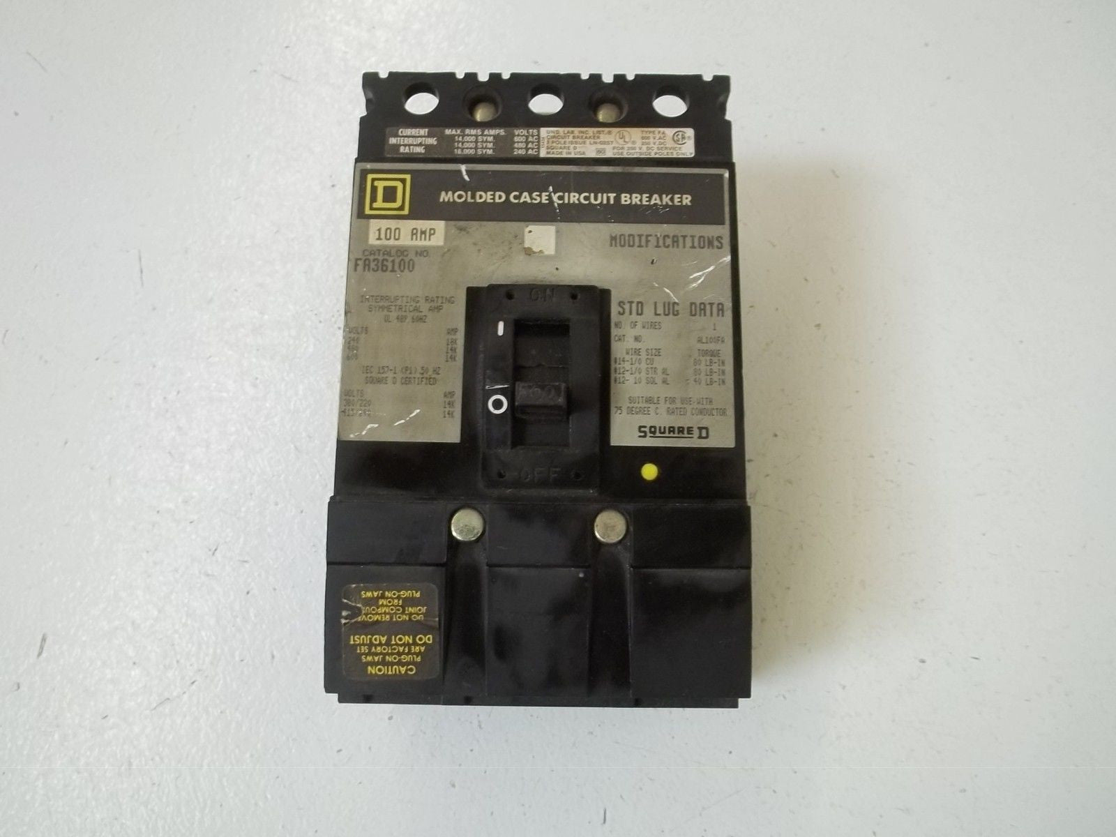 SQUARE D FA36100 CIRCUIT BREAKER (GREY) *USED*