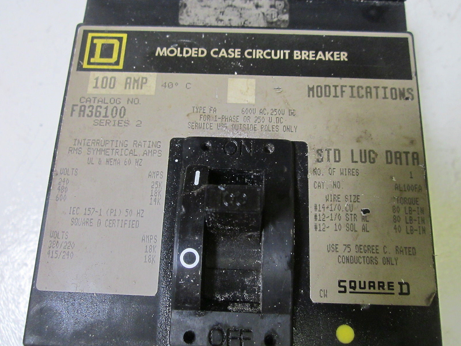 SQUARE D FA36100 CIRCUIT BREAKER 100A 600V  (AS PICTURED) *USED*