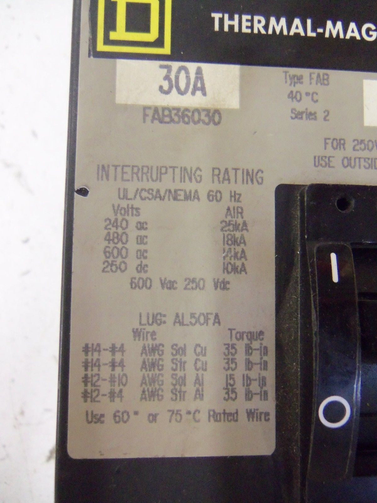 SQUARE D FAB36030 CIRCUIT BREAKER *USED*