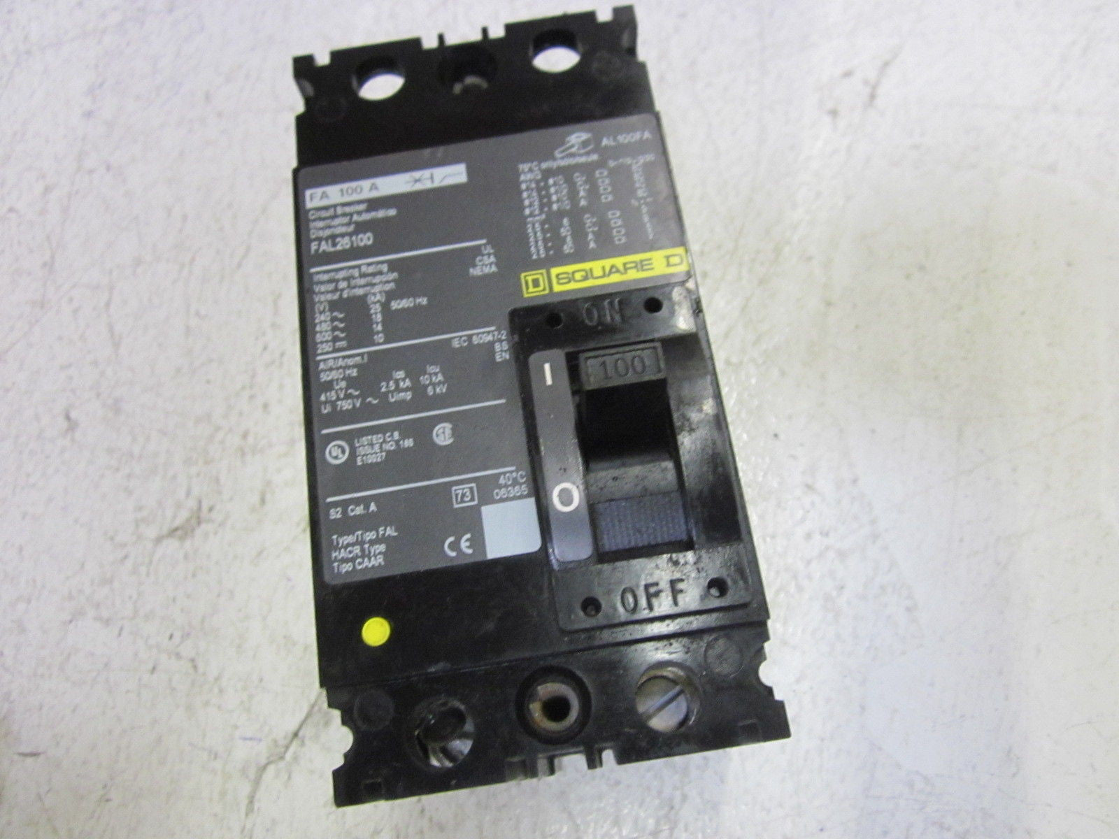 SQUARE D FAL26100 THERMAL MAGNETIC CIRCUIT BREAKER *USED*