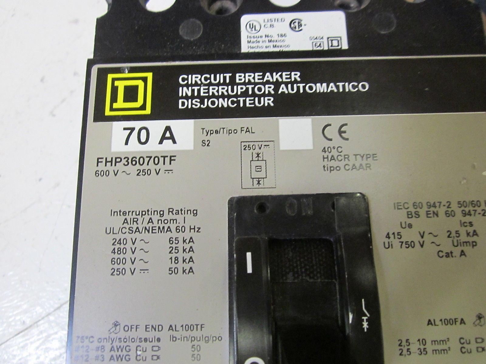 SQUARE D FHP36070TF CIRCUIT BREAKER 70A 600V *USED*