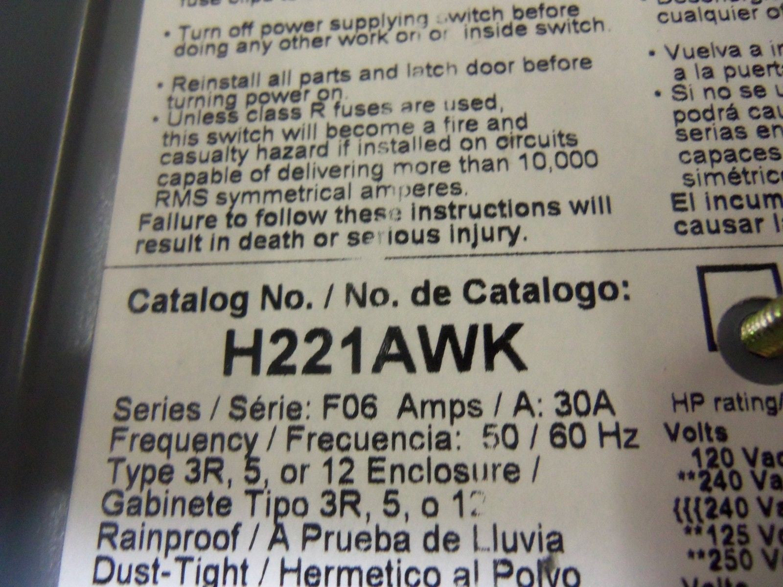 SQUARE D H221AWK *USED*