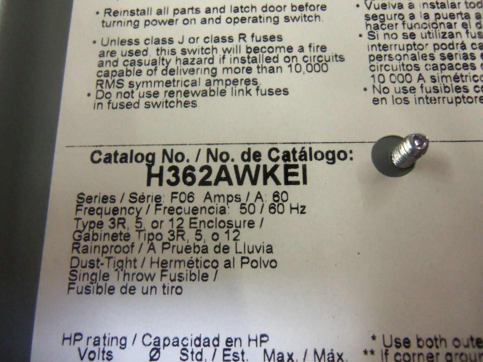 SQUARE D H362AWKEI FUSED SAFETY SWITCH 60A 600V *NEW NO BOX*