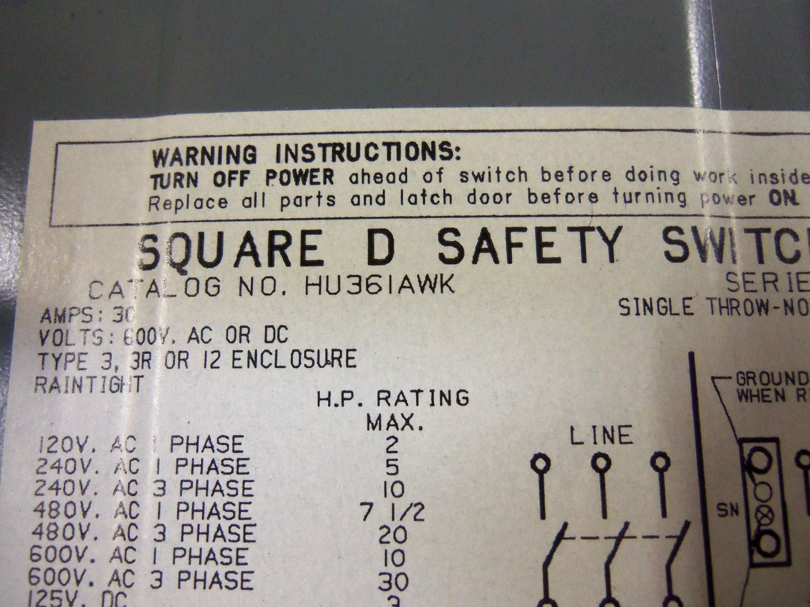 SQUARE D HU361AWK *USED*