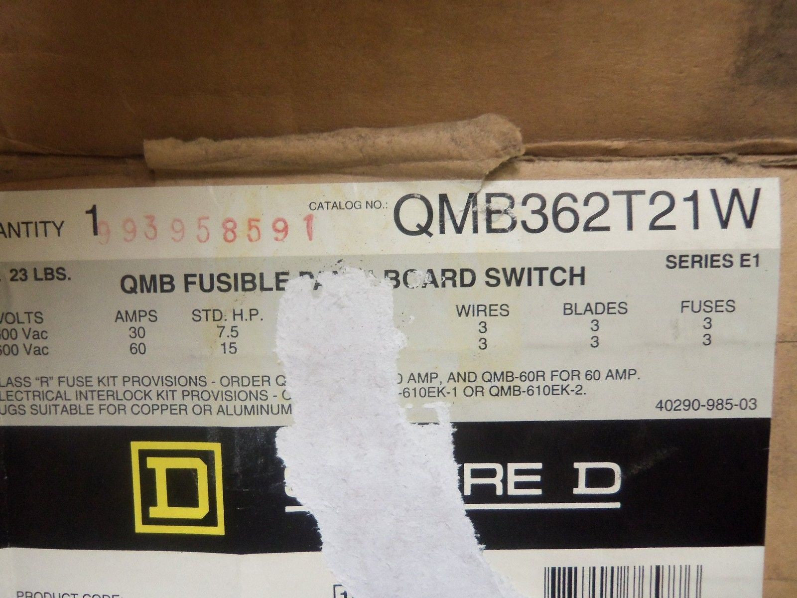 SQUARE D QMB362T21W FUSIBLE PANEL BOARD SWITCH *NEW IN BOX*