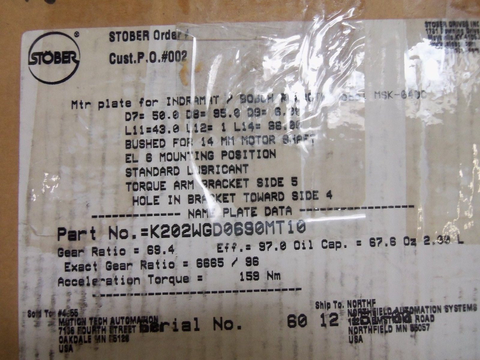 STOBER K202WGD0690MT10 GEAR HEAD *NEW IN BOX*