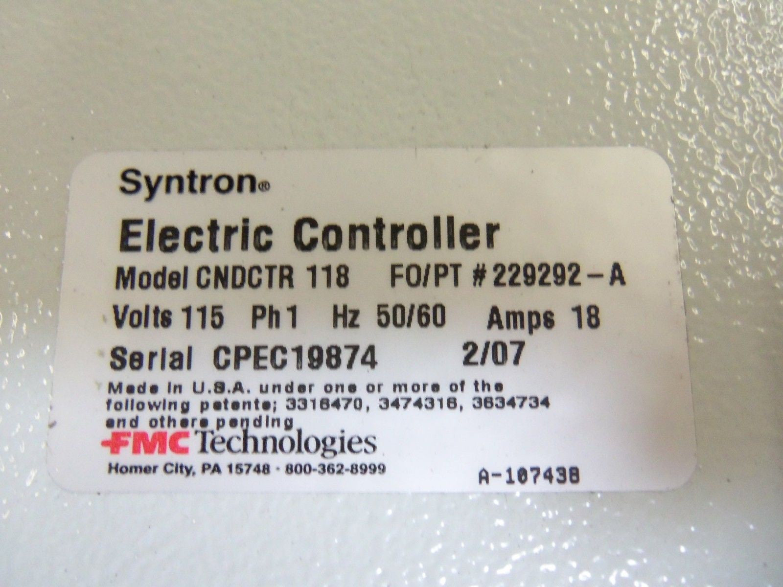 SYNTRON CNDCTR118 CONTROLLER *USED*