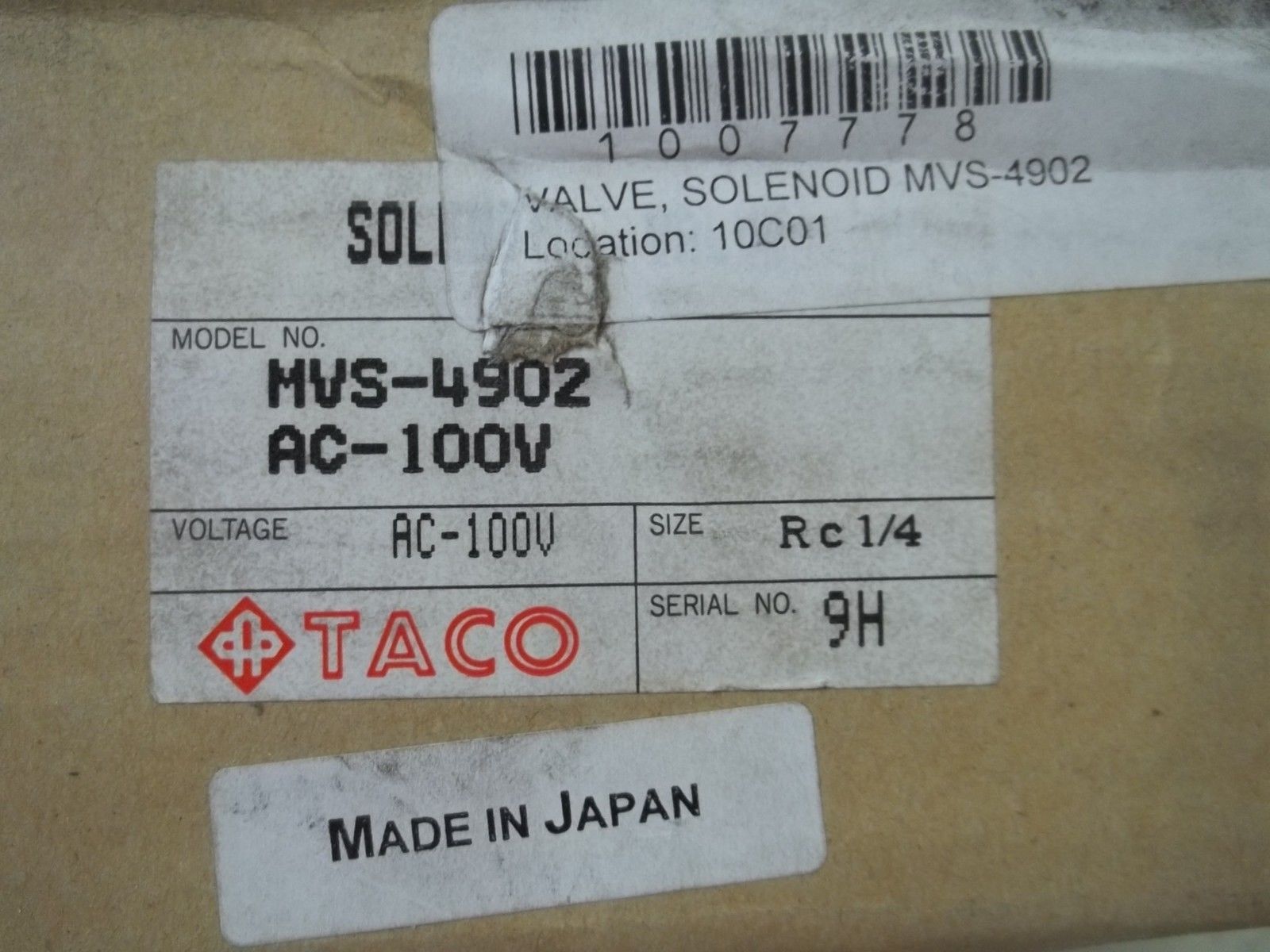TACO MVS-4902 AC-100V SOLENOID VALVE *NEW IN BOX*