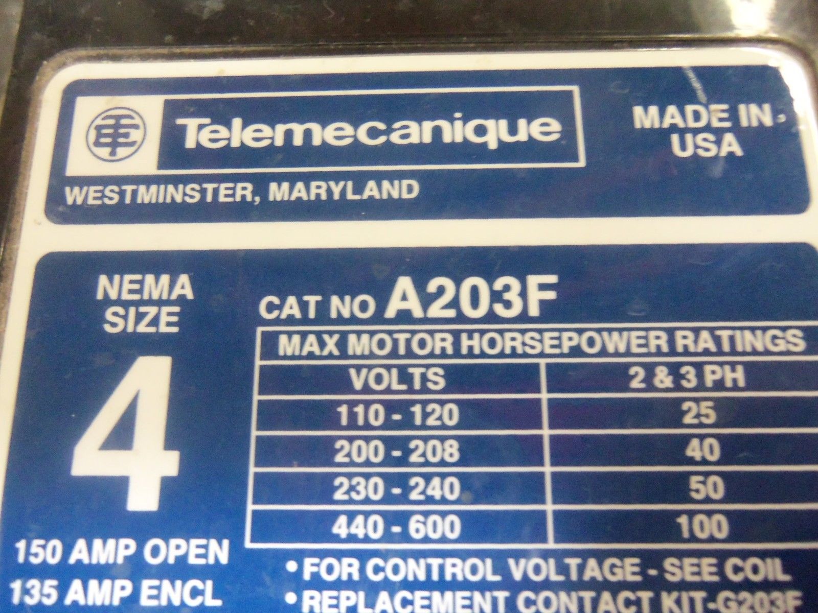 TELEMECANIQUE NEMA SIZE 4 A203F MOTOR STARTER 120V *USED*