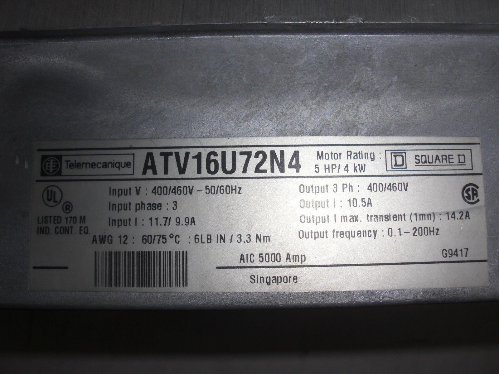 TELEMECANIQUE ALTIVAR16 ATV16U72N4 AC DRIVE 5HP *USED*