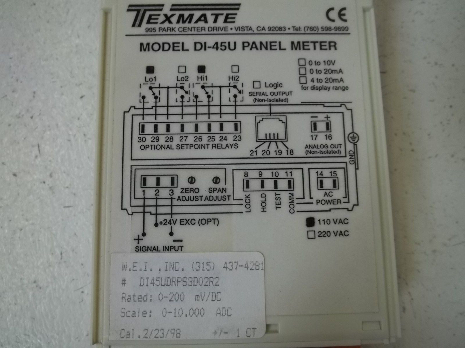 TEXMATE MODEL DI-45U PANEL METER *NEW IN BOX*