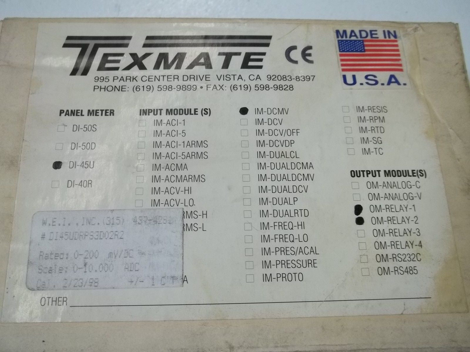 TEXMATE MODEL DI-45U PANEL METER *NEW IN BOX*