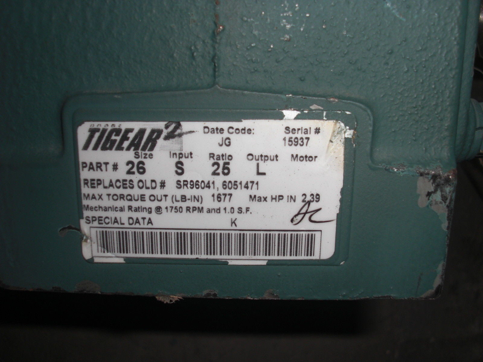 DODGE TIGEAR 2 26S25L GEAR REDUCER SR96041, 6051471 2.39 HP 1677 RPM*NEW NO BOX*