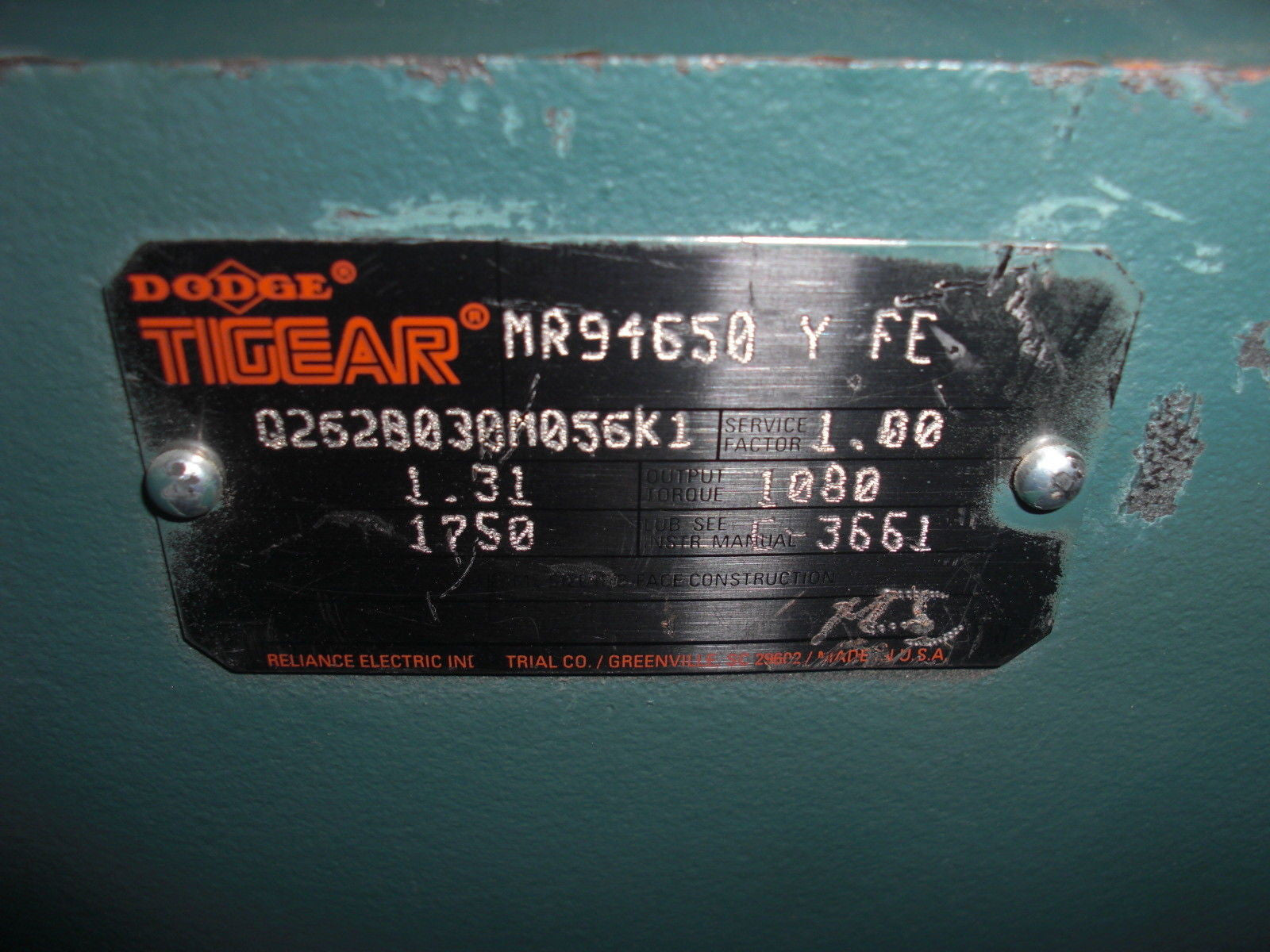 DODGE TIGEAR MR94650YFE GEAR REDUCER 1.31 HP 1750 RPM *NEW NO BOX*