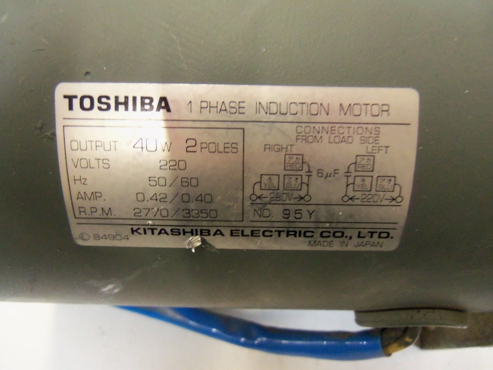 TOSHIBA 1 PHASE INDUCTION MOTOR 95Y *USED*