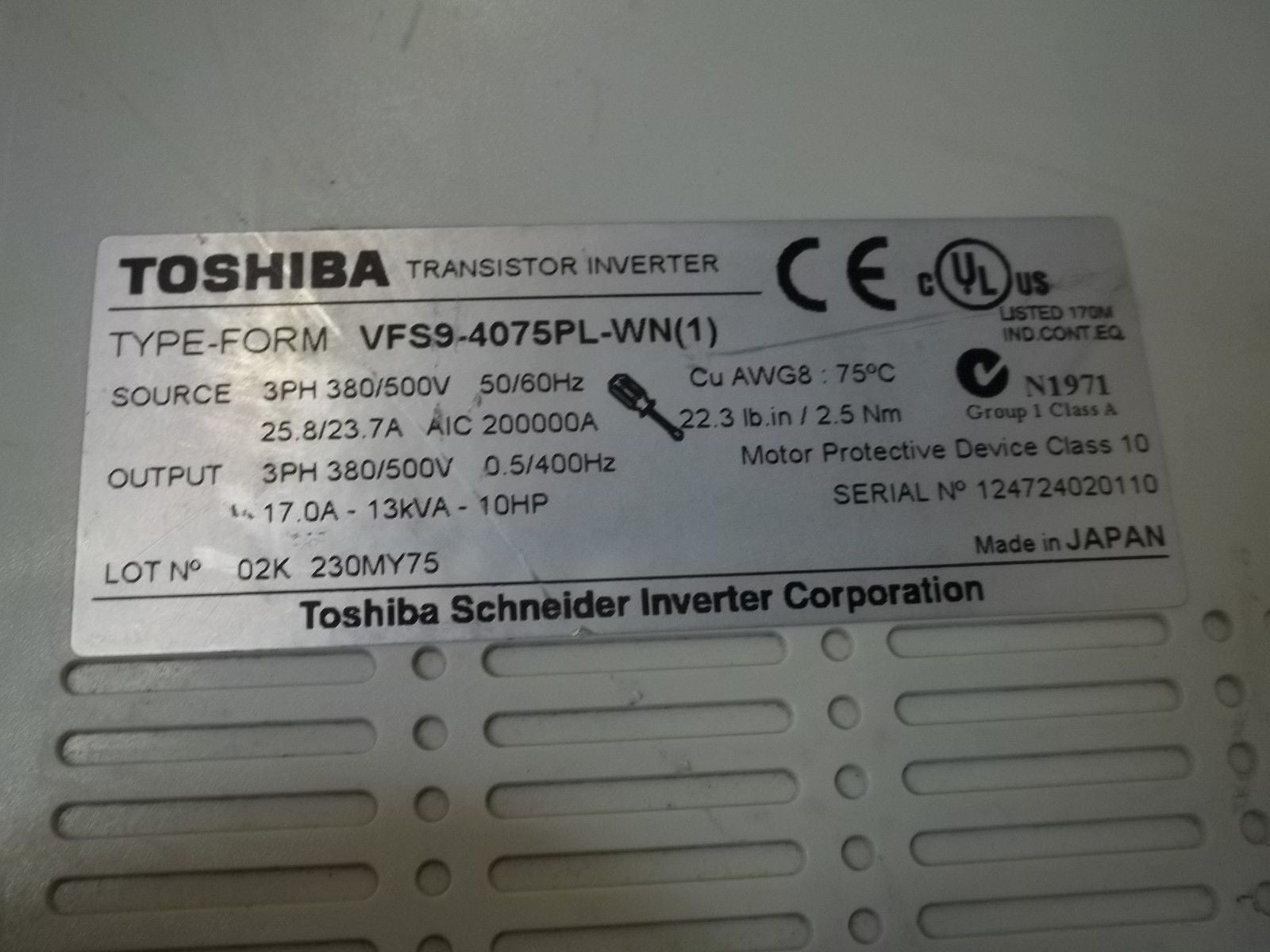 TOSHIBA VFS9-4075PL-WN (1) TRANSISTOR INVERTER (AS PICTURED-MISSING TOP)*USED*