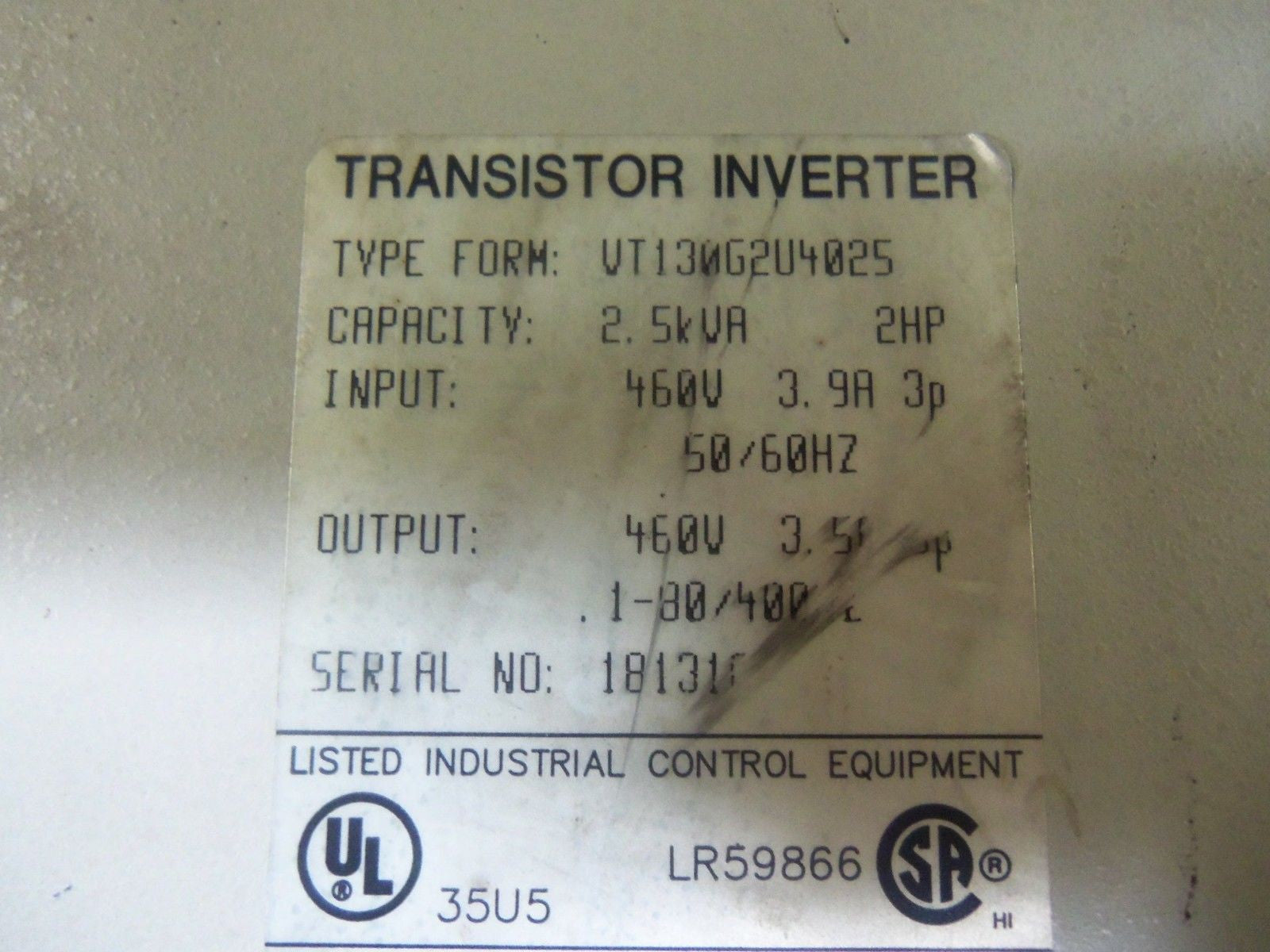 TOSHIBA TOSVERT-130G2 VT130G2U4025 TRANSISTOR INVERTER *USED*