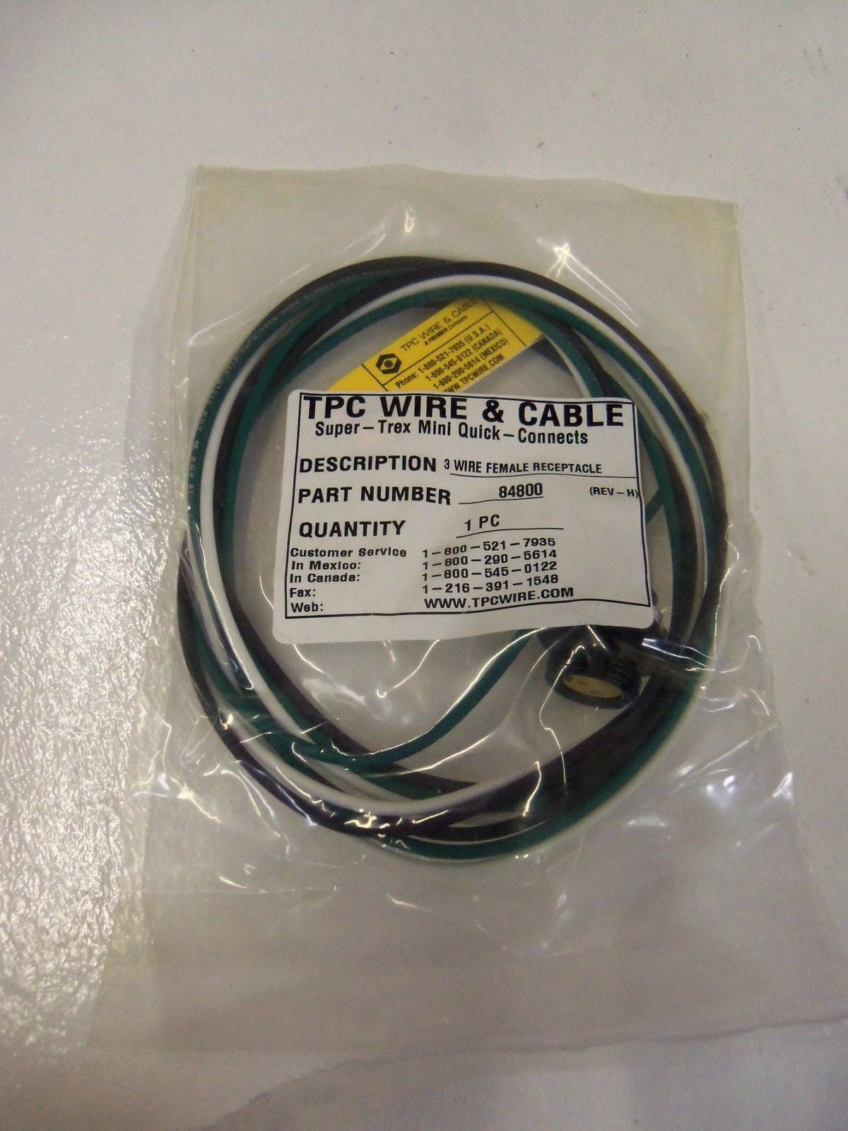 TPC WIRE & CABLE 3 WIRE FEMALE RECEPTACLE 84800 REV. H  *NEW IN BAG*