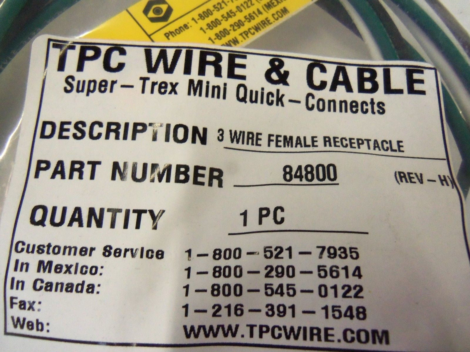 TPC WIRE & CABLE 3 WIRE FEMALE RECEPTACLE 84800 REV. H  *NEW IN BAG*
