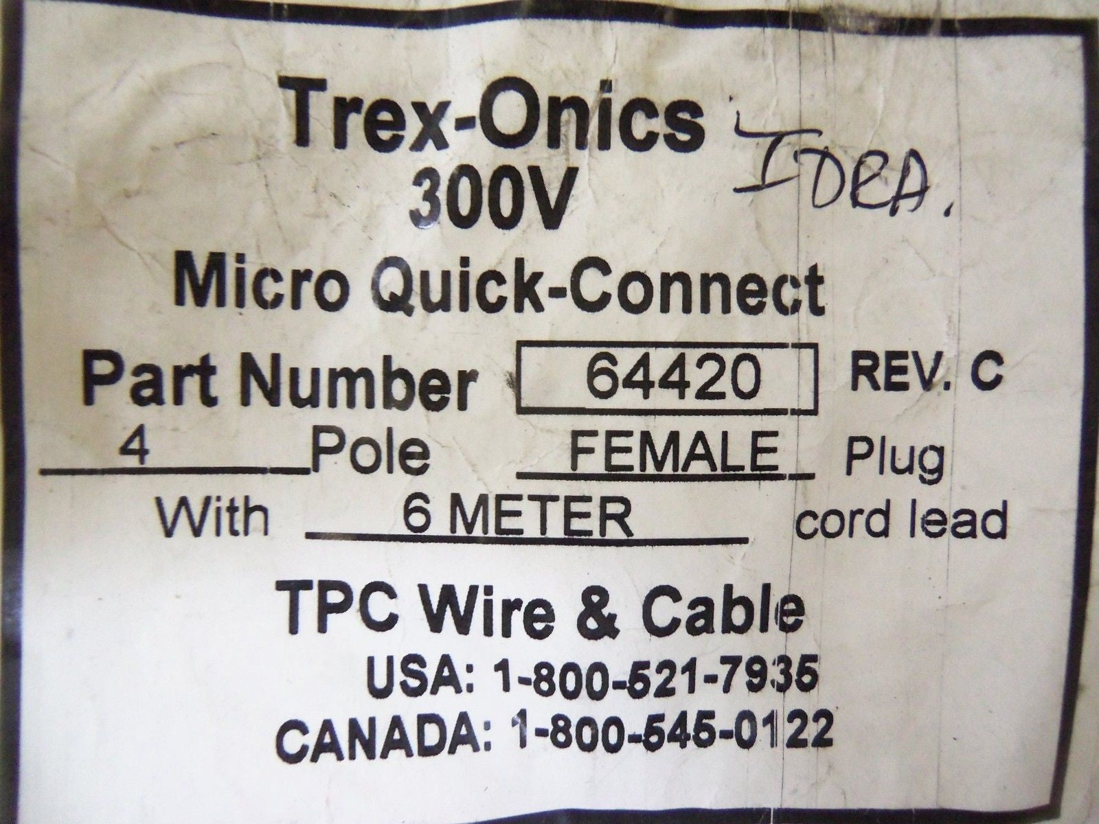 TPC WIRE & CABLE 4P FEMALE PLUG 6 METER 64420 *NEW NO BOX*