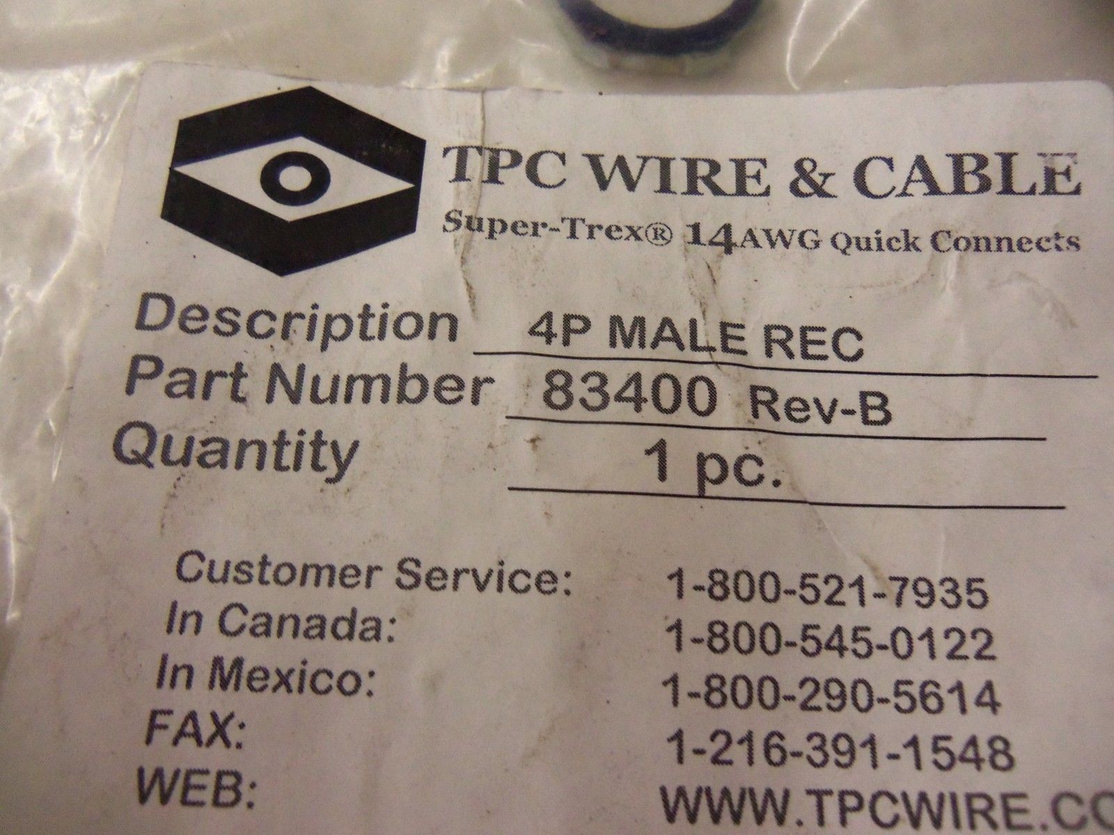 TPC WIRE & CABLE 83400 CORDSET *NEW IN FACTORY BAG*