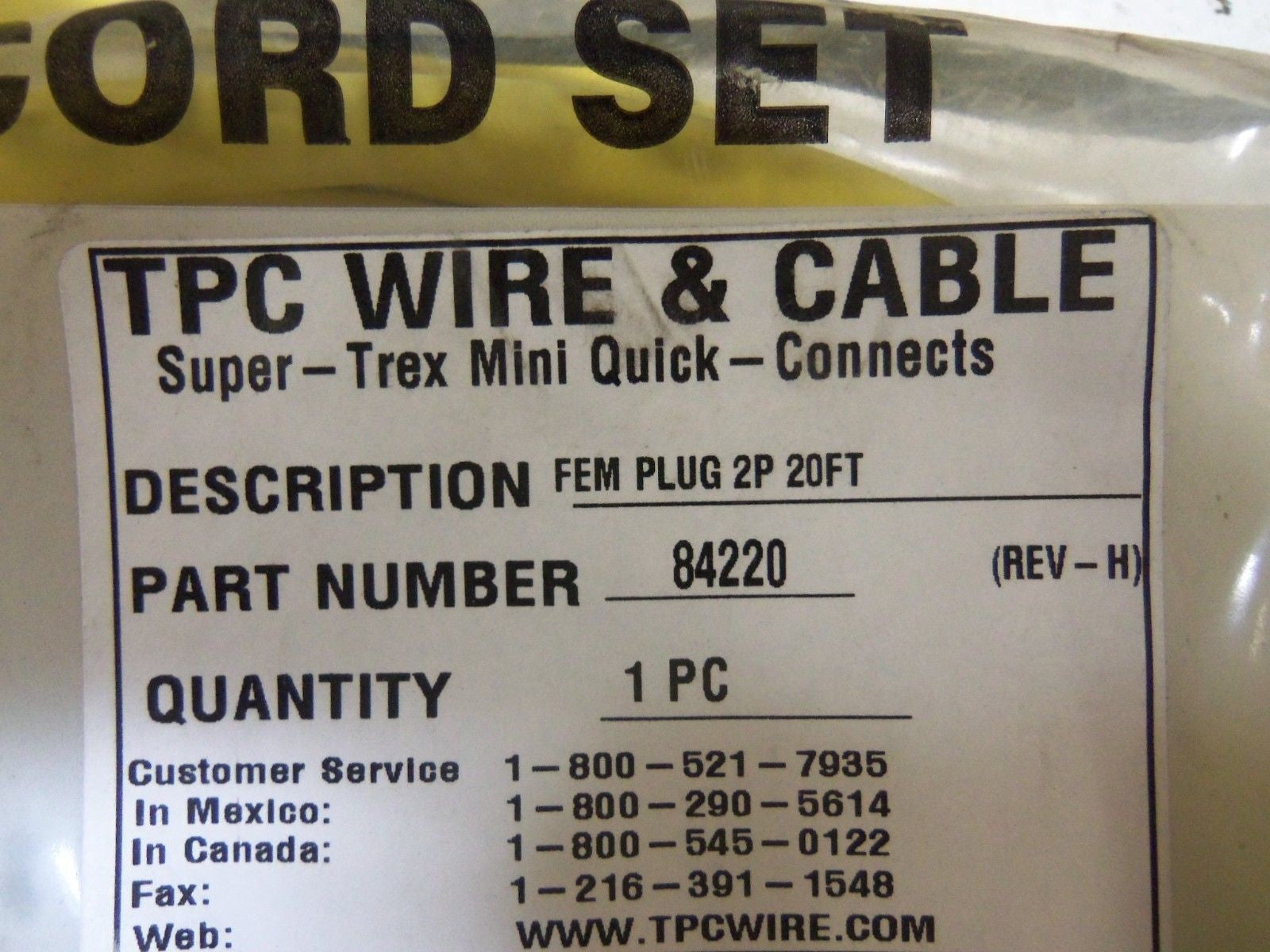 TPC WIRE & CABLE 84220 FEMALE PLUG *NEW IN A FACTORY BAG*