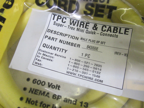 TPC WIRE & CABLE 84366E REV-H 8P MALE PLUG 6FT *NEW IN A FACTORY BAG*