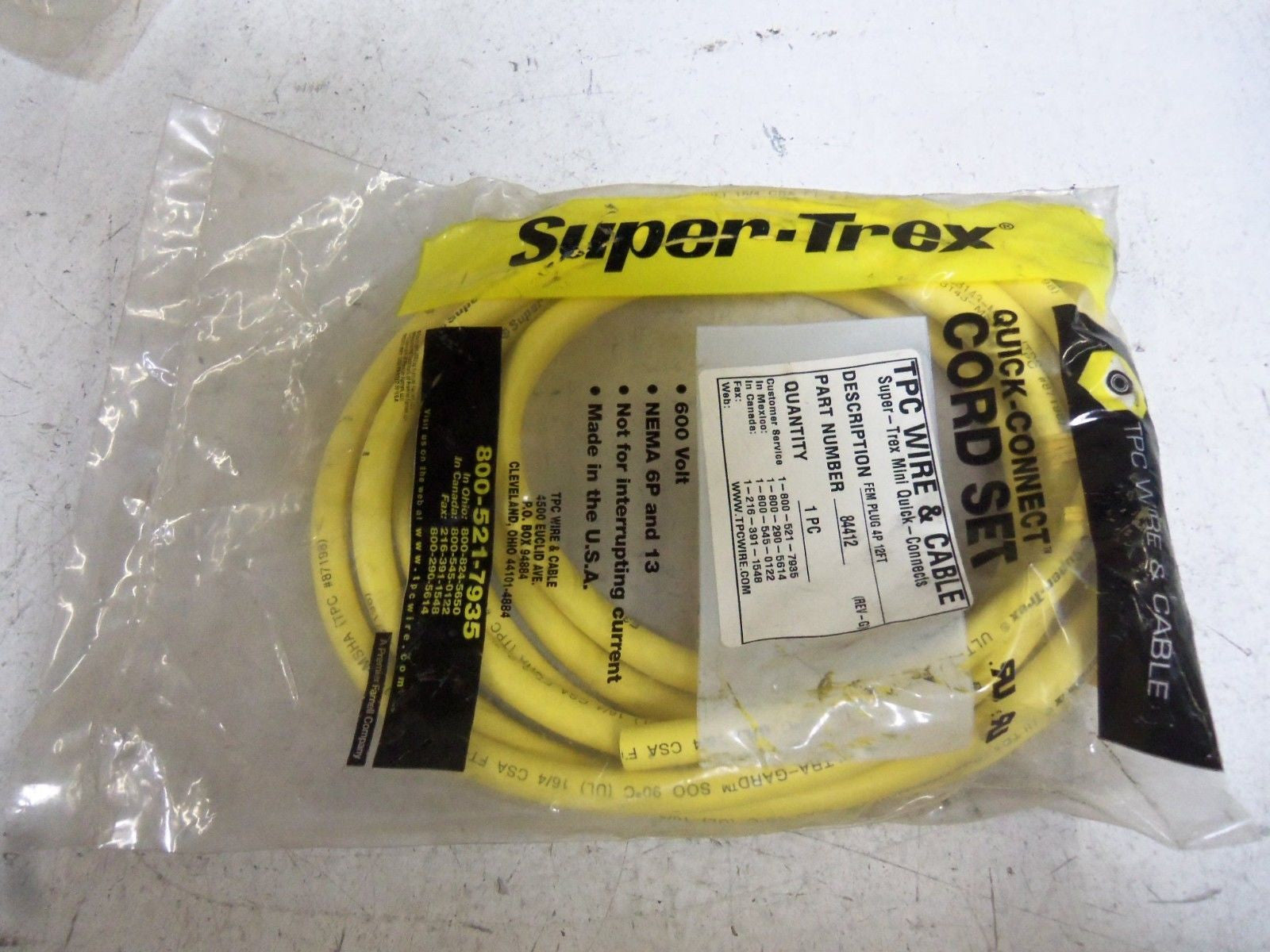 TPC SUPER-TREX 84412 QUICK-CONNECT CORDSET *NEW IN A FACTORY BAG*
