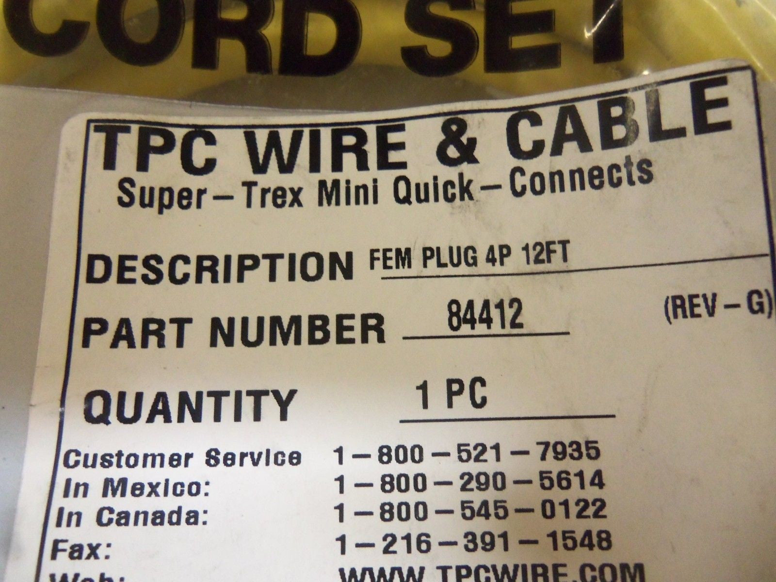 TPC SUPER-TREX 84412 QUICK-CONNECT CORDSET *NEW IN A FACTORY BAG*