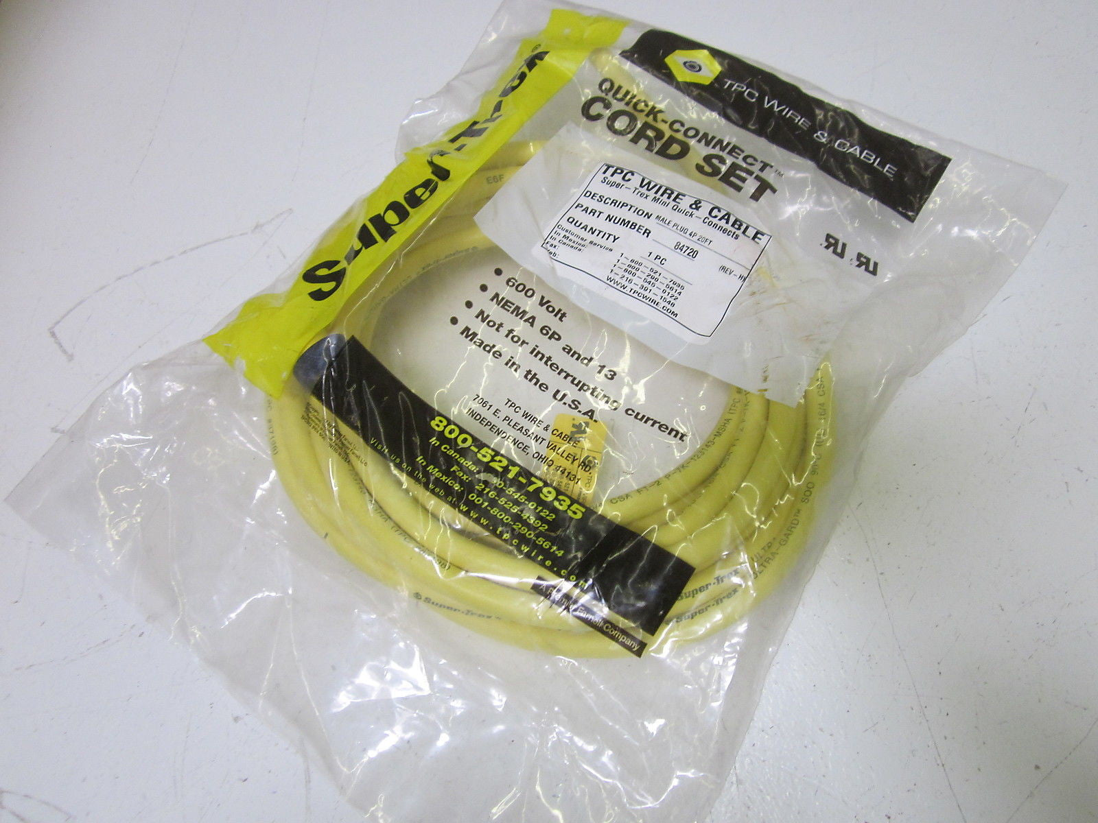 TPC WIRE & CABLE 84720 REV.H MALE PLUG 4P 20FT *NEW IN A FACTORY BAG*