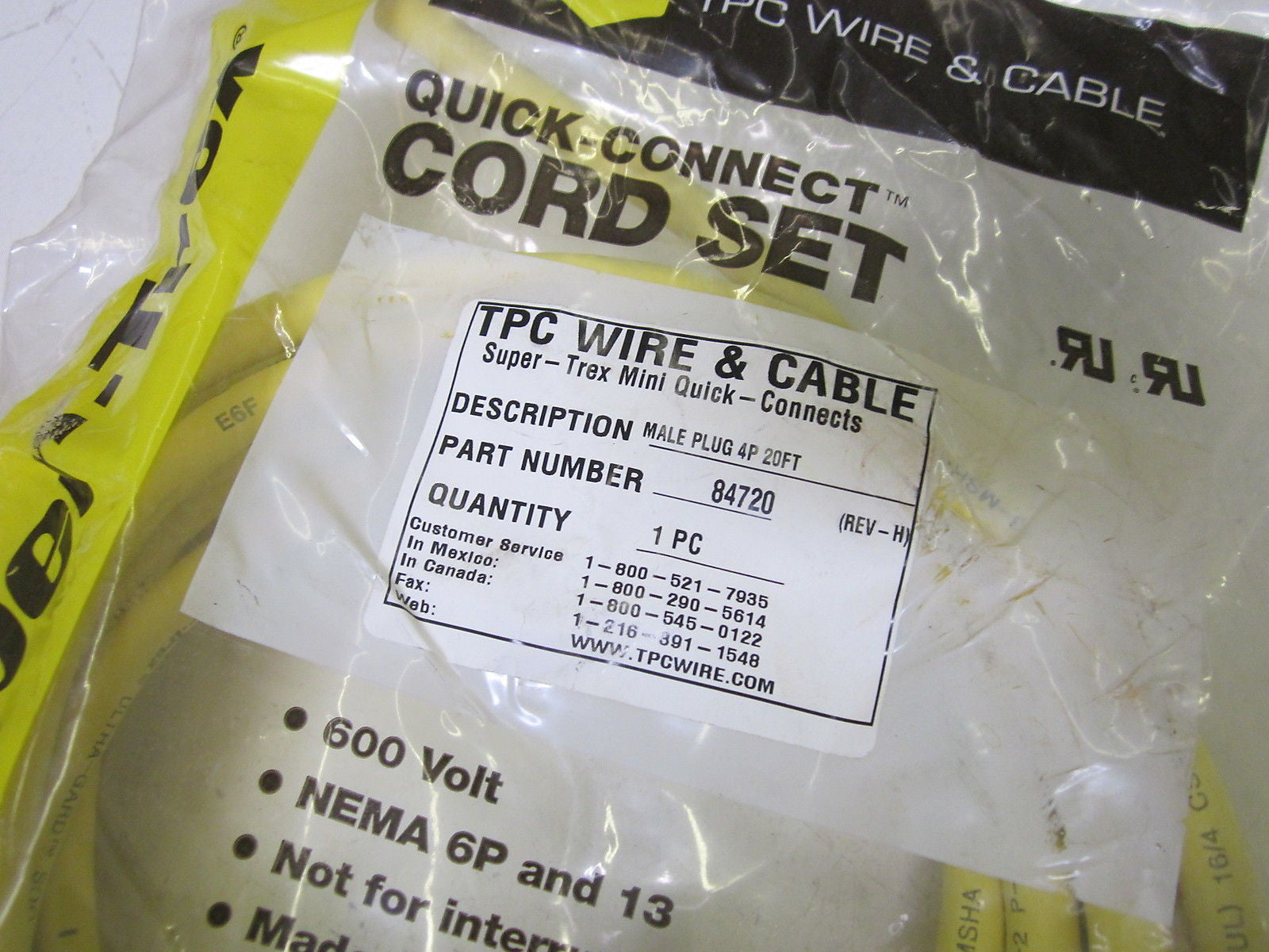 TPC WIRE & CABLE 84720 REV.H MALE PLUG 4P 20FT *NEW IN A FACTORY BAG*
