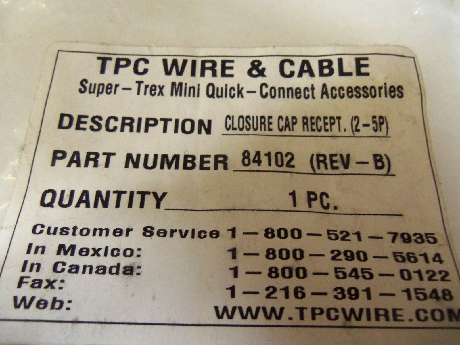 TPC WIRE & CABLE CLOSURE CAP RECEPTACLE (2-5P) 84102 REV. B *NEW IN BAG*